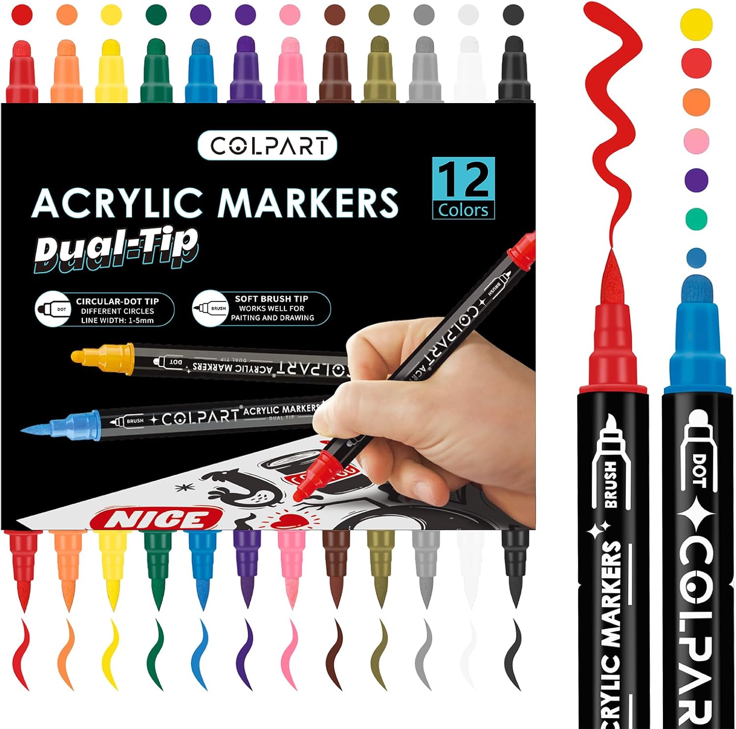 12 Colors Dual Tip Acrylic Paint Pens Paint Markers，Premium Acrylic Paint Pens for Rock Painting Wood Canvas Plastic Metal And Stone, Acrylic Dot Markers For DIY Crafts Making Art Supplies
