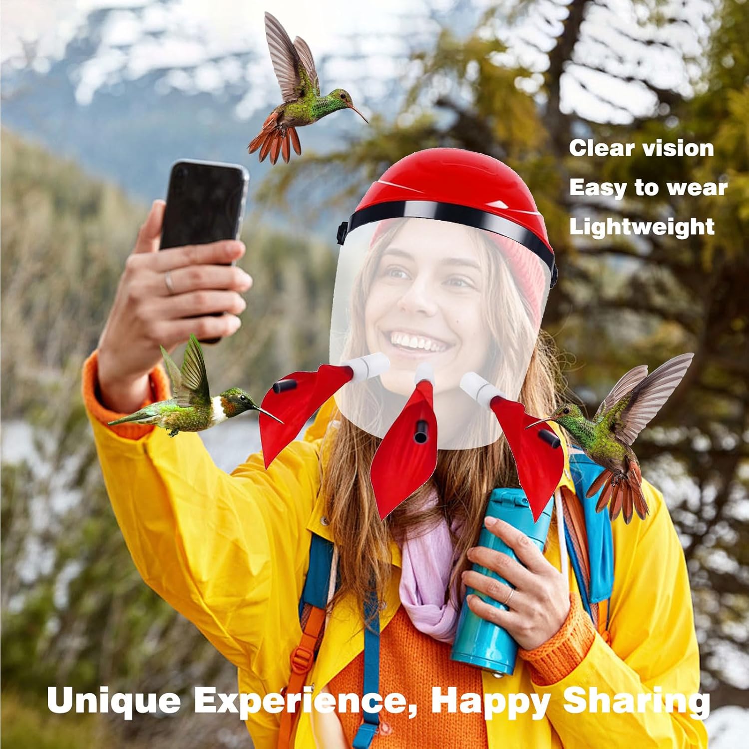 Hummingbird Feeder Helmet | Hands-Free Outdoor Bird Feeder | 3 Feeding Ports | Adjustable Headband | Lightweight & Durable PVC, Red