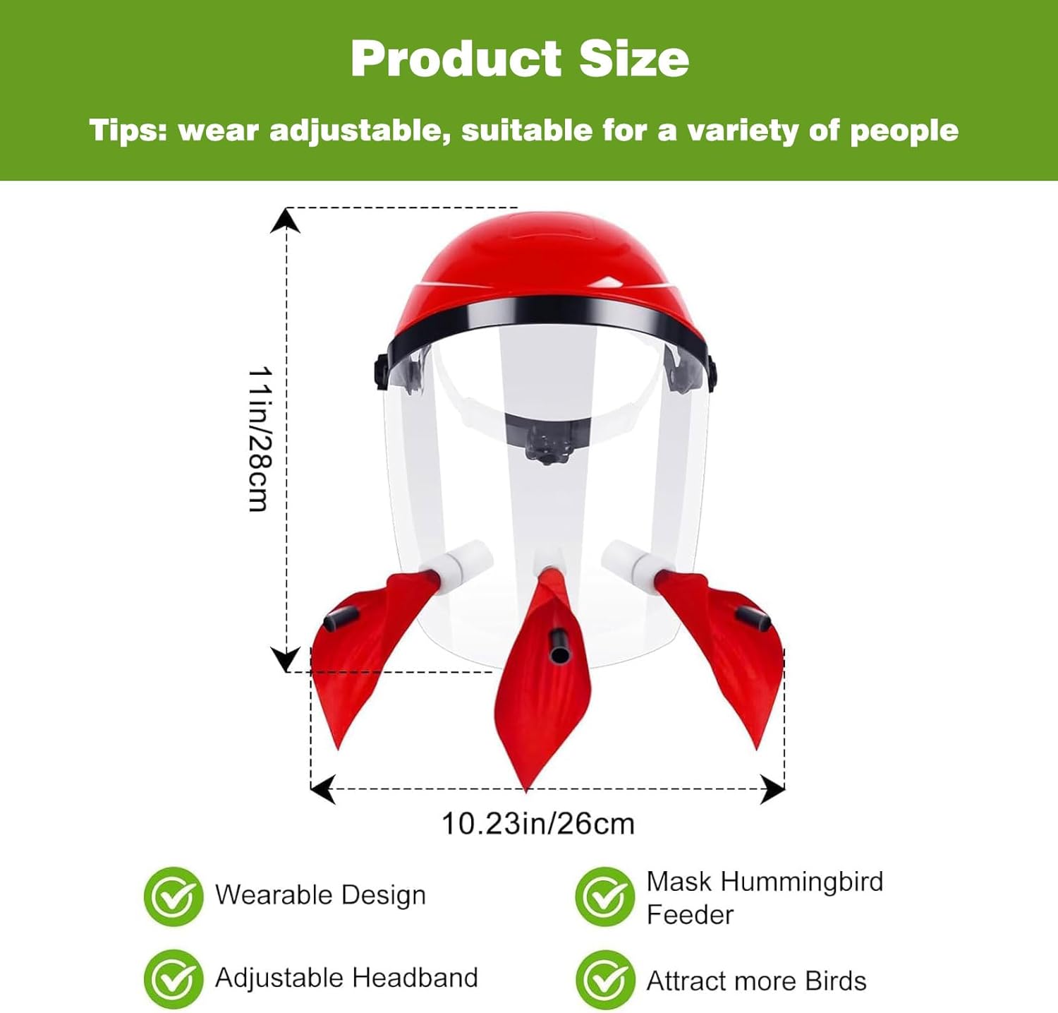 Hummingbird Feeder Helmet | Hands-Free Outdoor Bird Feeder | 3 Feeding Ports | Adjustable Headband | Lightweight & Durable PVC, Red
